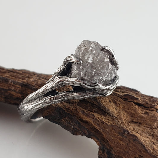 Raw Diamond Twig Engagement Ring - Handcrafted White Gold Antiqued Rustic - DV Jewelry Designs #