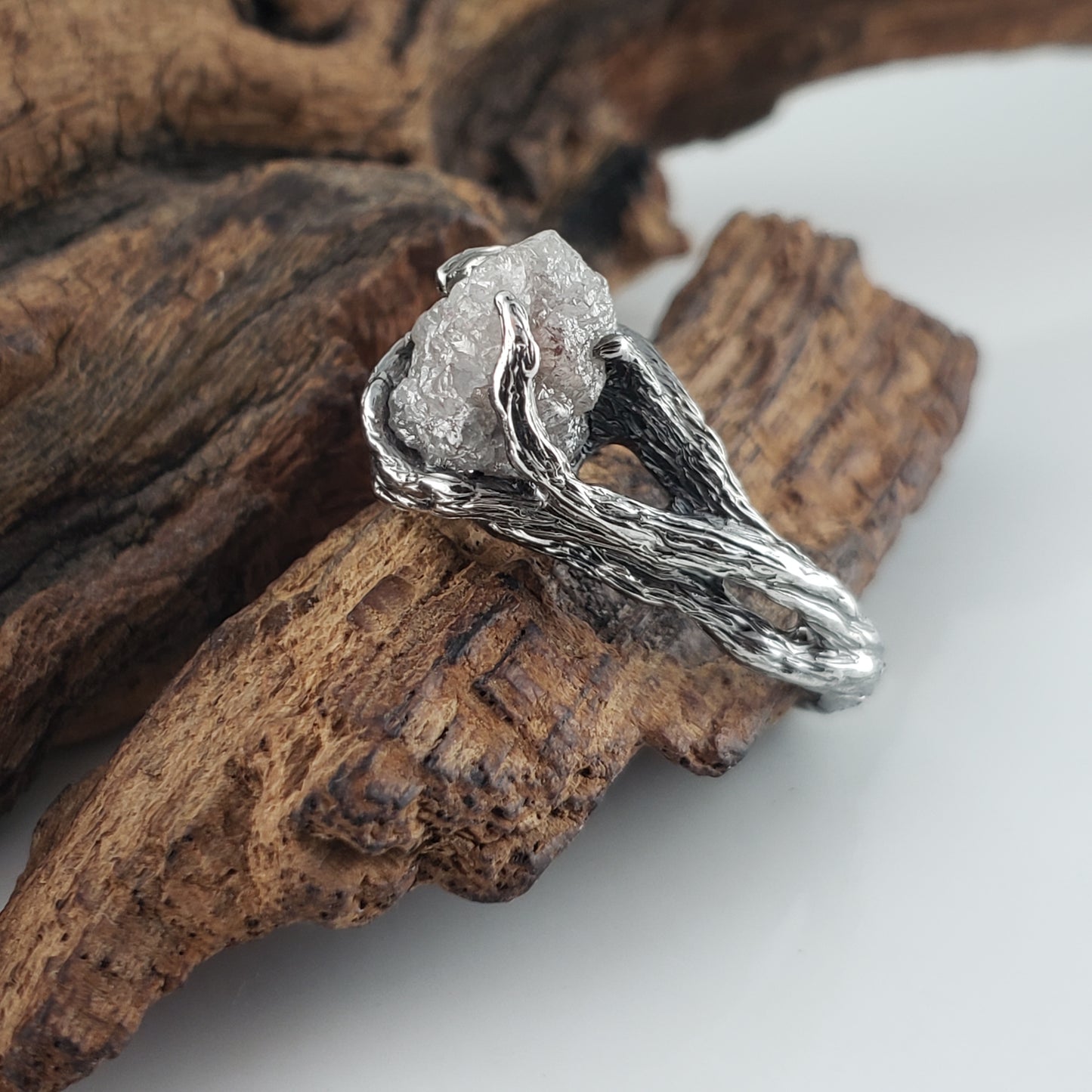 Raw Diamond Twig Engagement Ring - Handcrafted White Gold Antiqued Rustic - DV Jewelry Designs #
