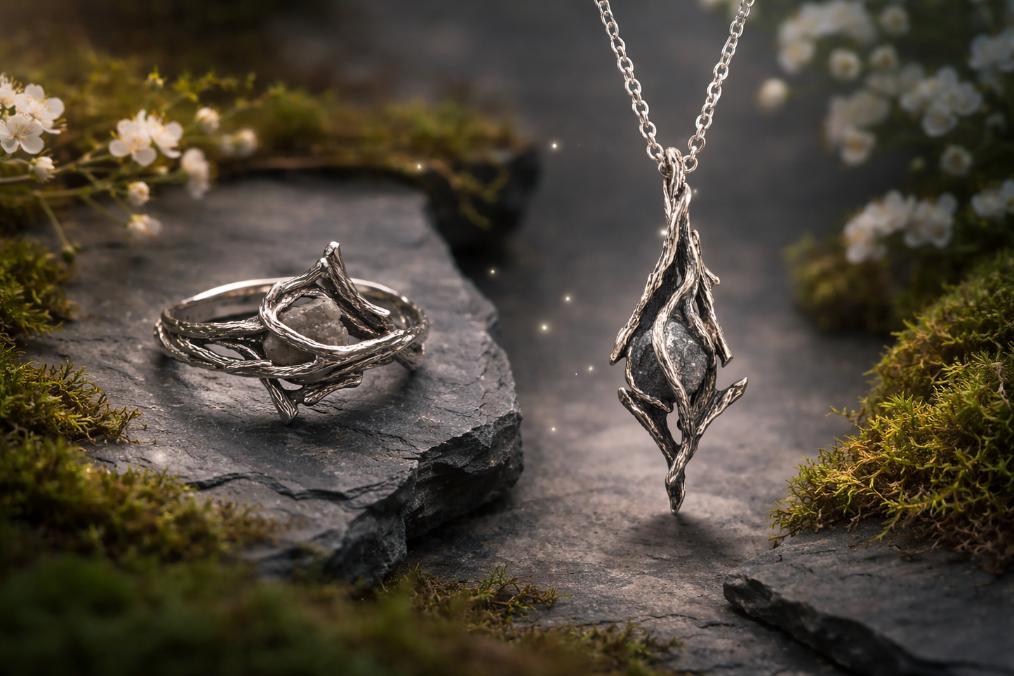 Rough Diamond Twig Ring - One-of-a-Kind Hand-Sculpted Branch Weave Style - DV Jewelry Designs #