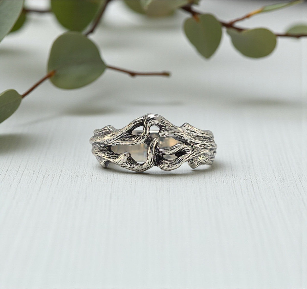 silver branch style ring with texture