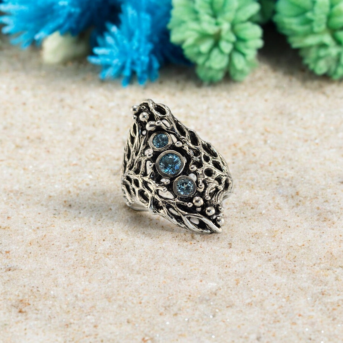 Blue Natural Zircons Gemstones in a Sterling Silver Sea Fan Coral Hand - sculpted Ring - DV Jewelry Designs