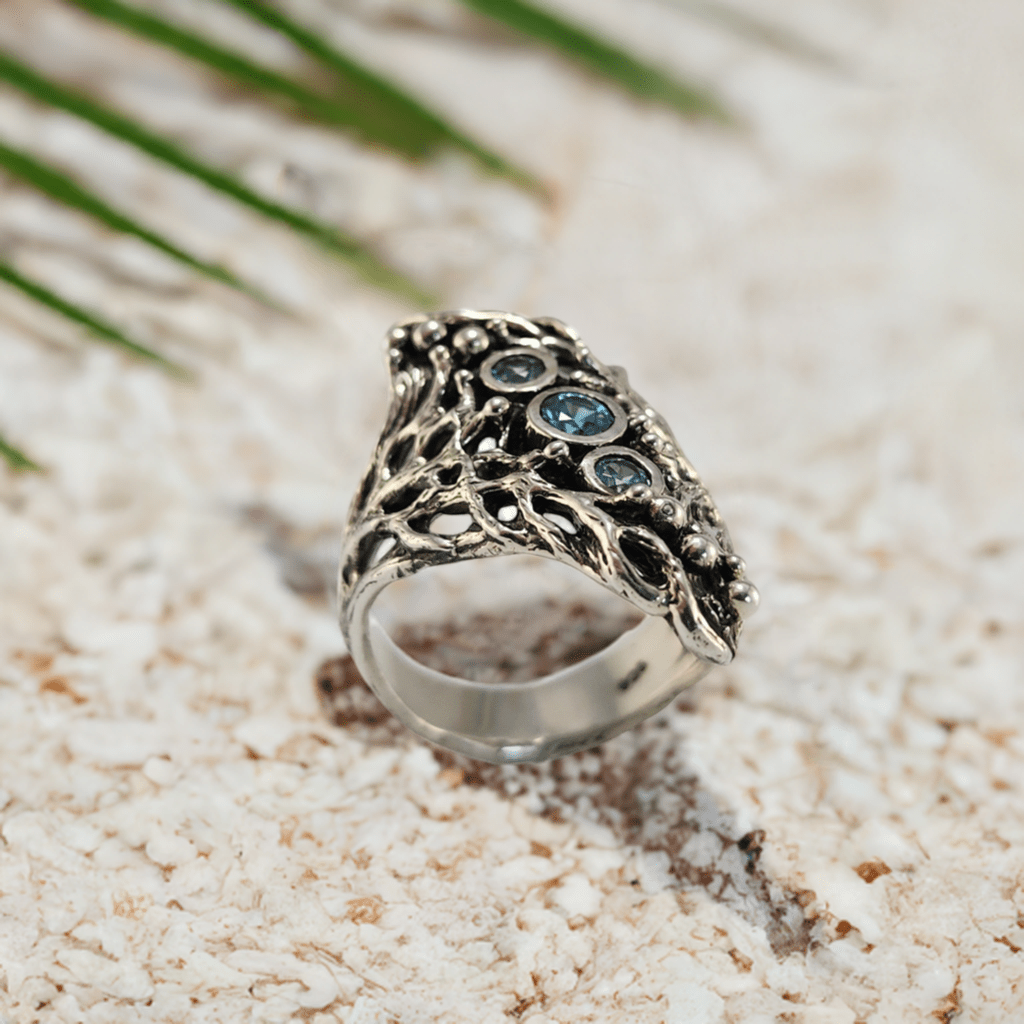 Blue Natural Zircons Gemstones in a Sterling Silver Sea Fan Coral Hand - sculpted Ring - DV Jewelry Designs