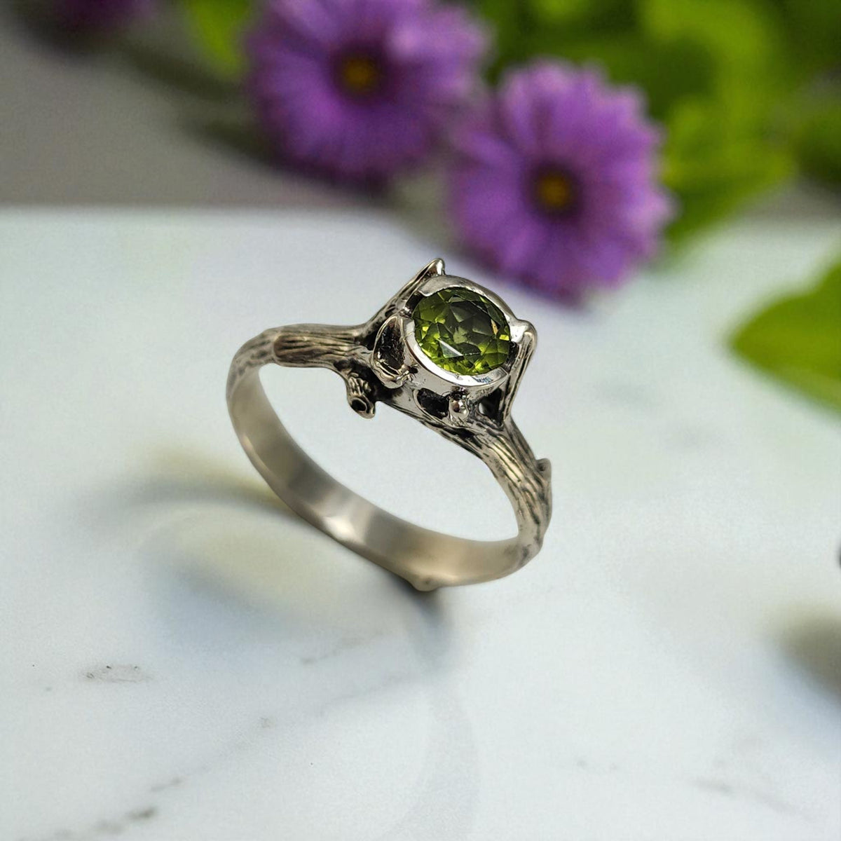Natural Round Peridot Silver Ring - DV Jewelry Designs #