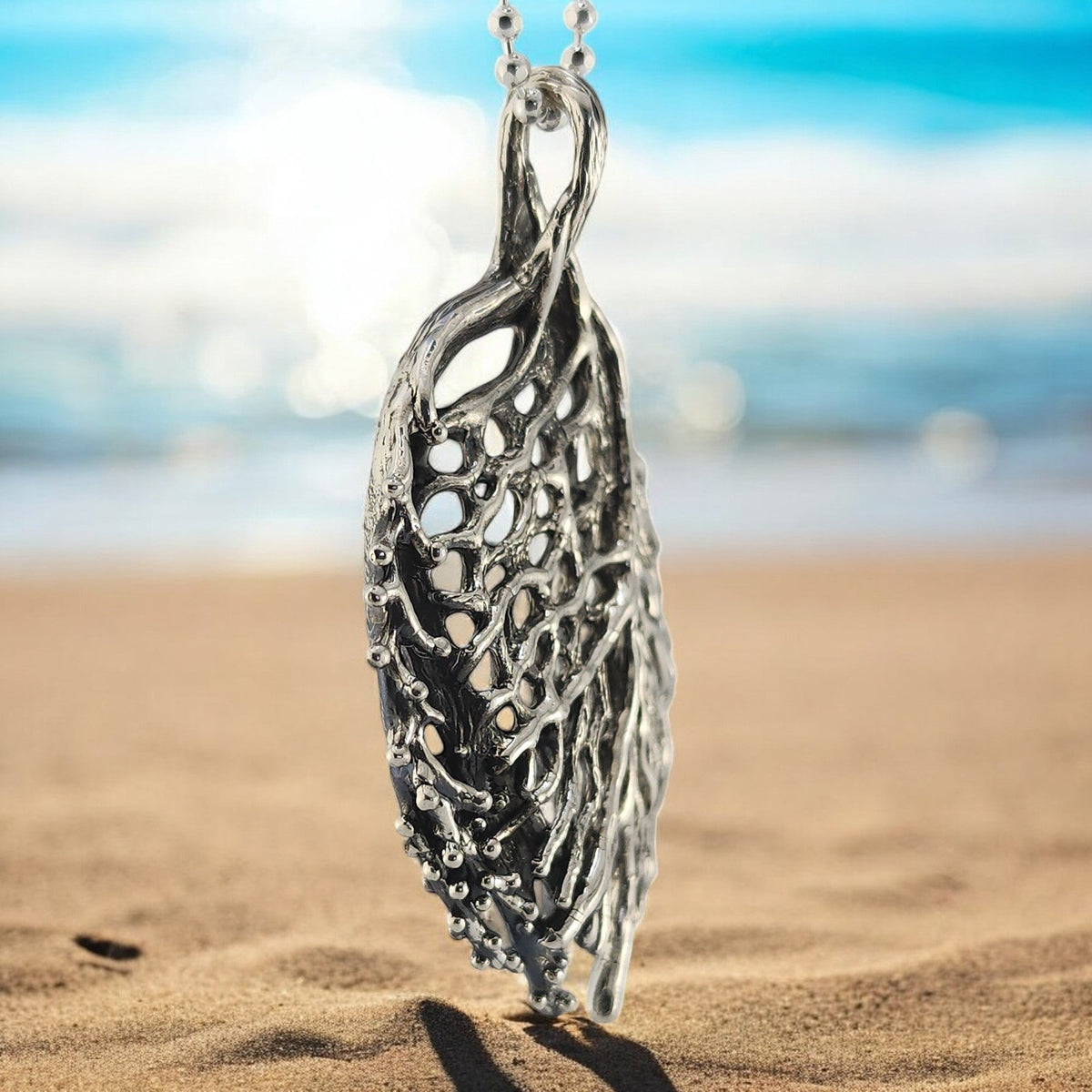 Handmade Coral Sea Fan Silver Pendant with Tiny Sea Bubbles - DV Jewelry Designs