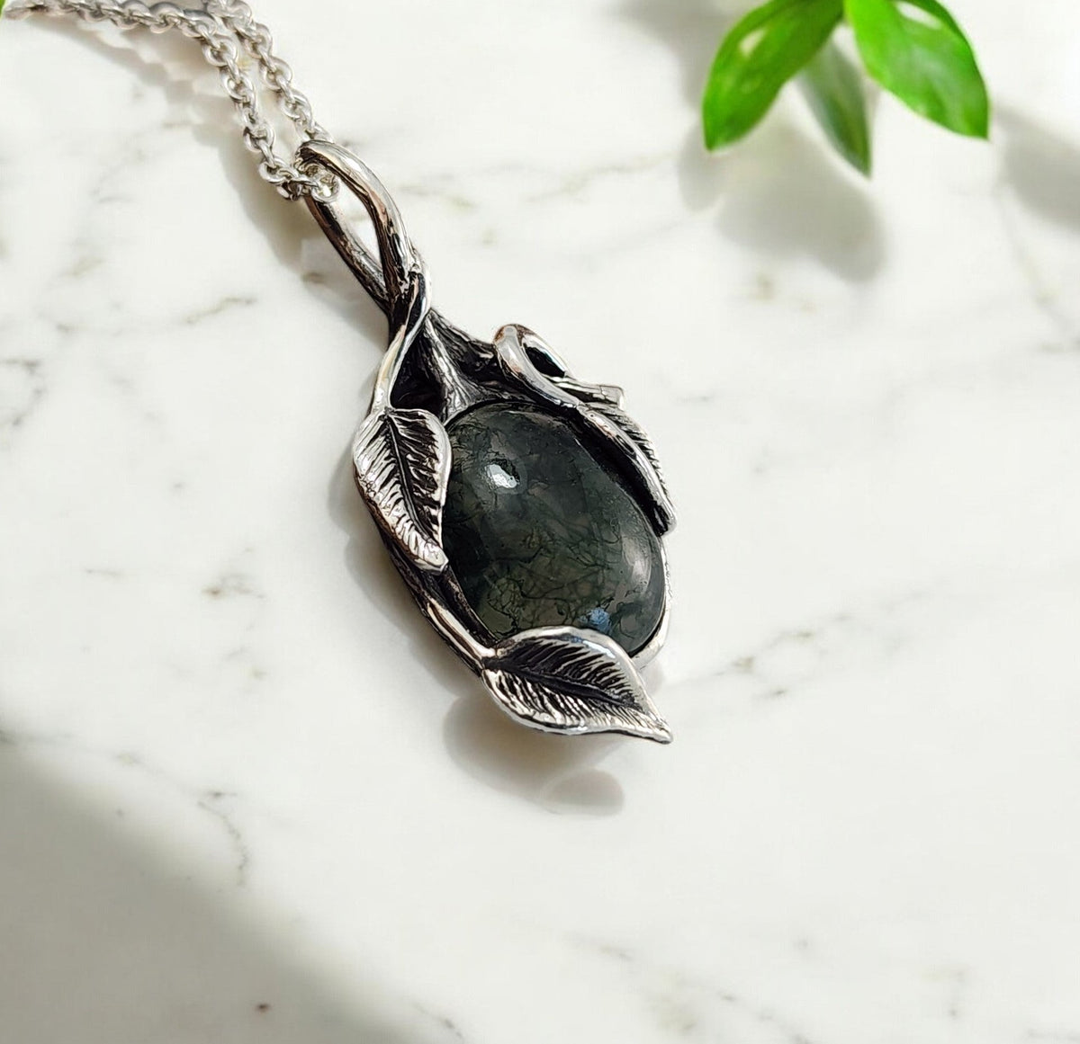 Moss Agate Gemstone Sterling Silver Leaf and Twig Style Necklace - DV Jewelry Designs