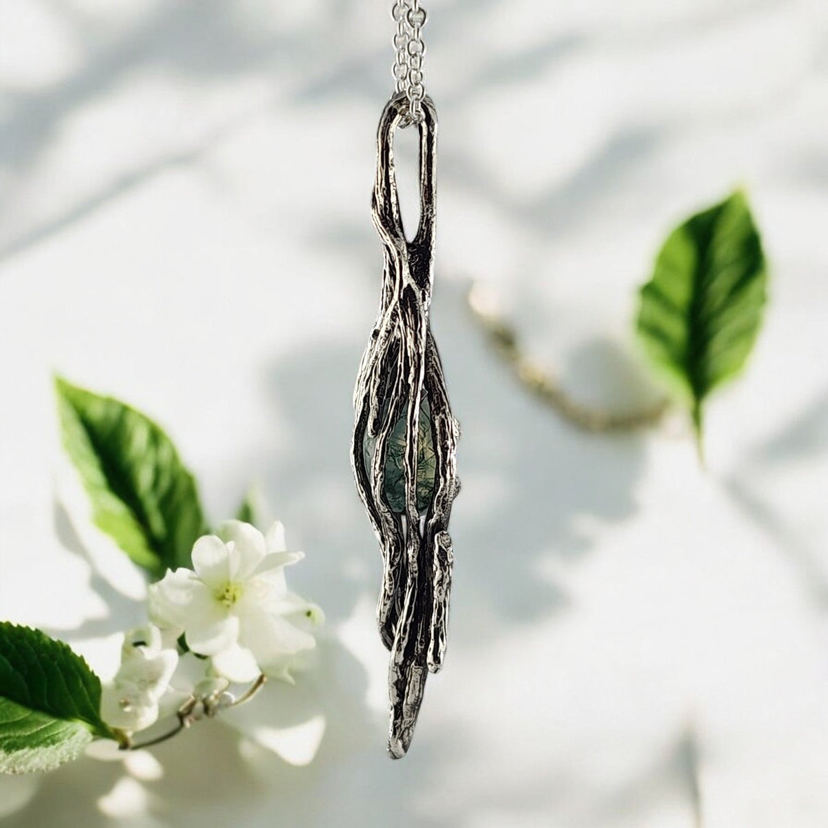 Moss Agate Gemstone Sterling Silver Pendant - DV Jewelry Designs