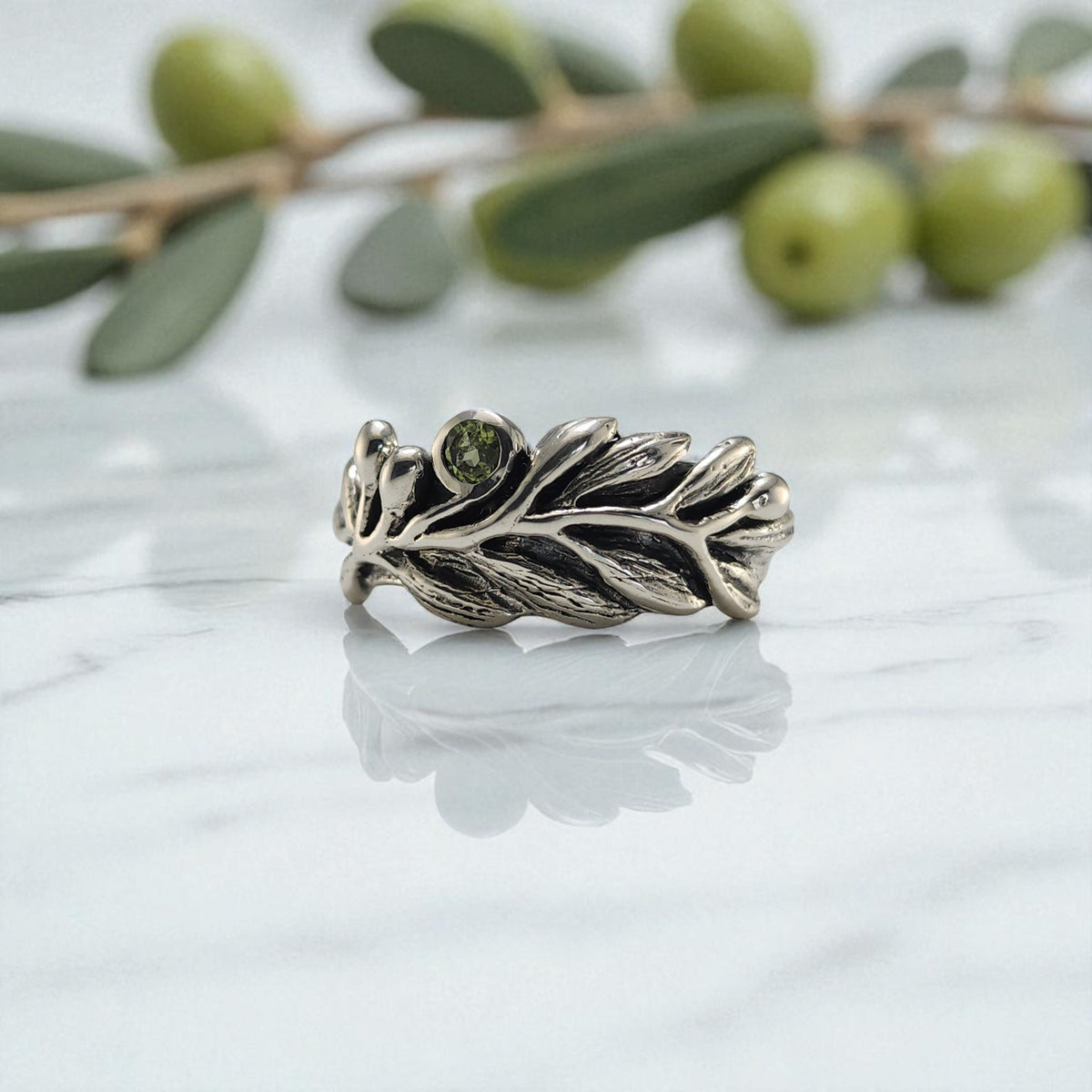 Olive Branch Ring with Round Peridot - DV Jewelry Designs #