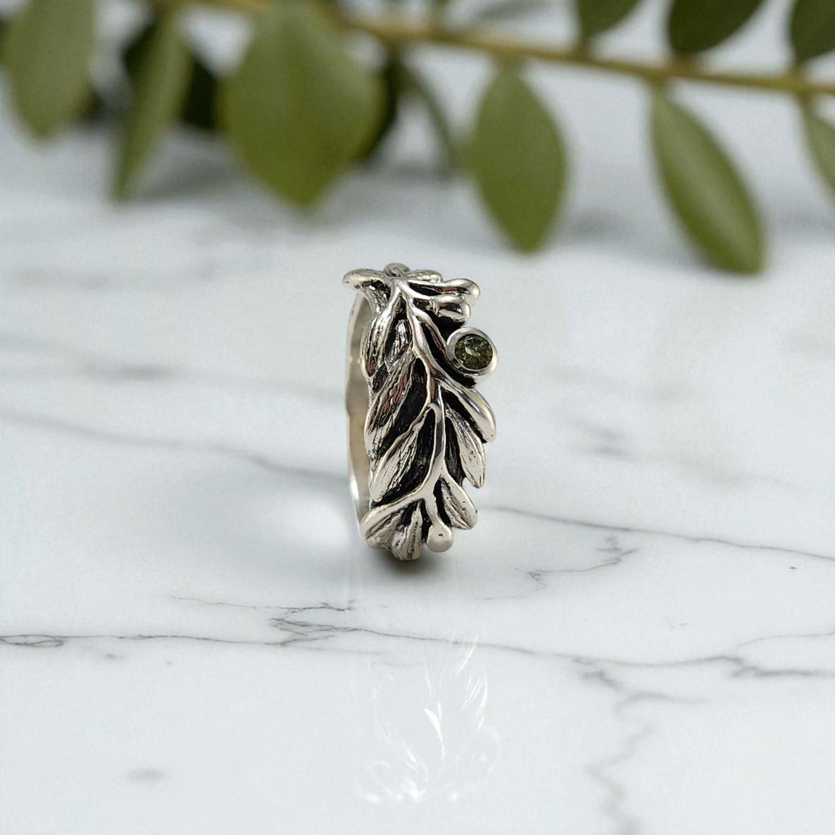 Olive Branch Ring with Round Peridot - DV Jewelry Designs #