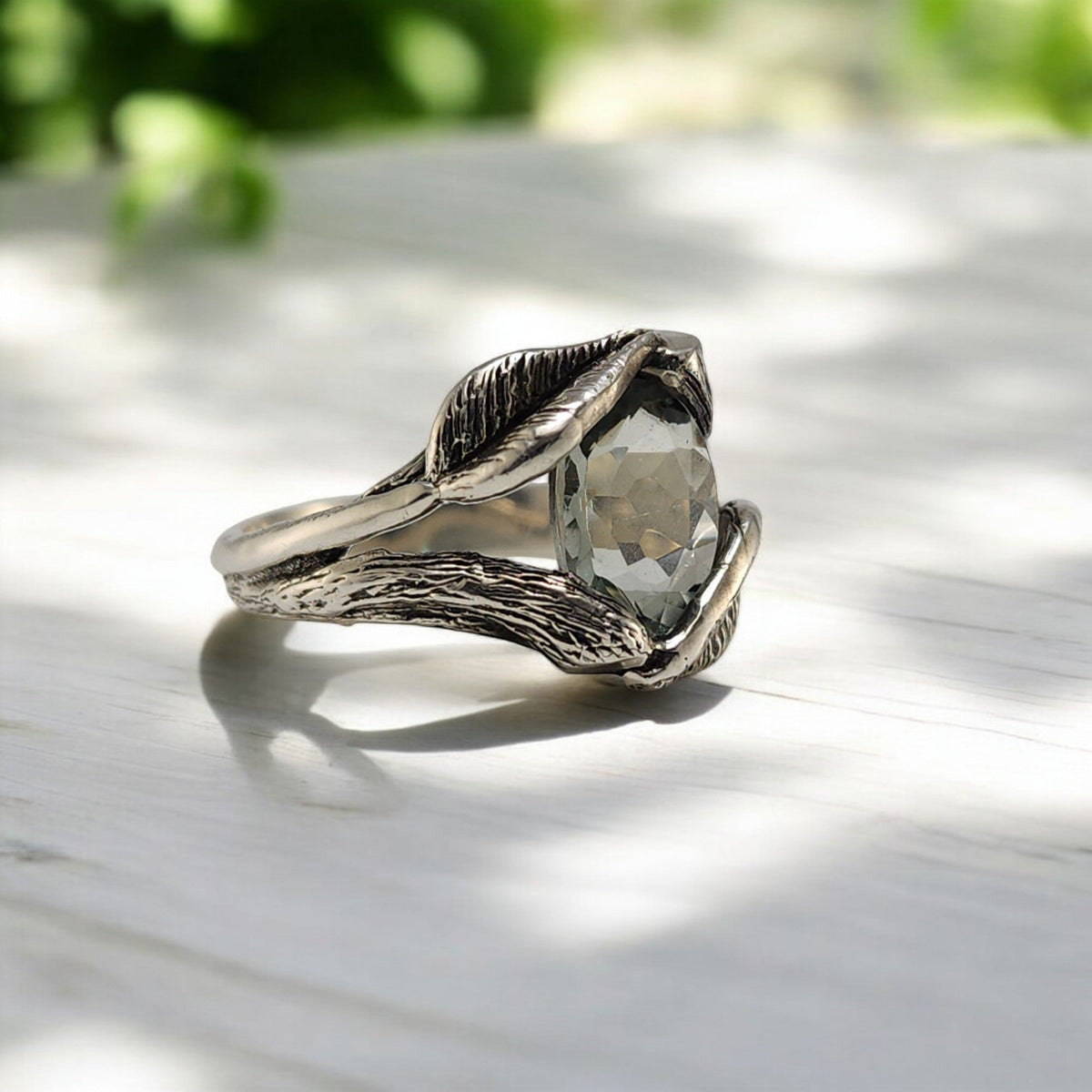 Oval Green Amethyst Gemstone Sterling Silver Ring - DV Jewelry Designs