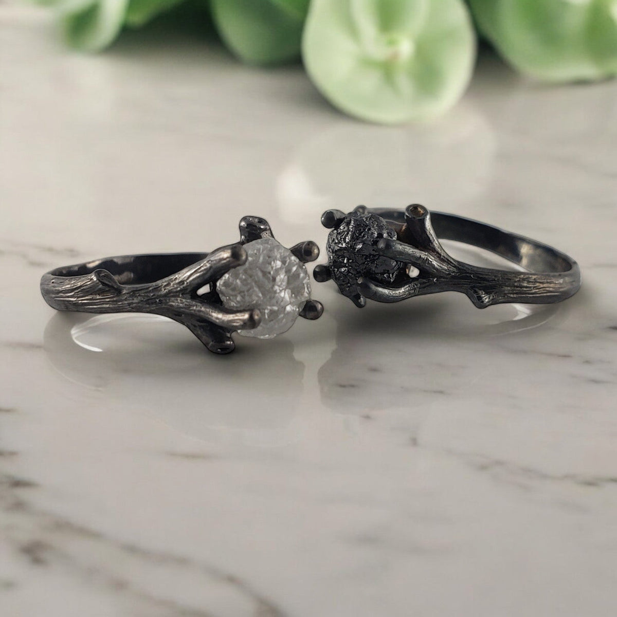 Raw Diamond Twig Ring Set - Ruthenium Finish - DV Jewelry Designs
