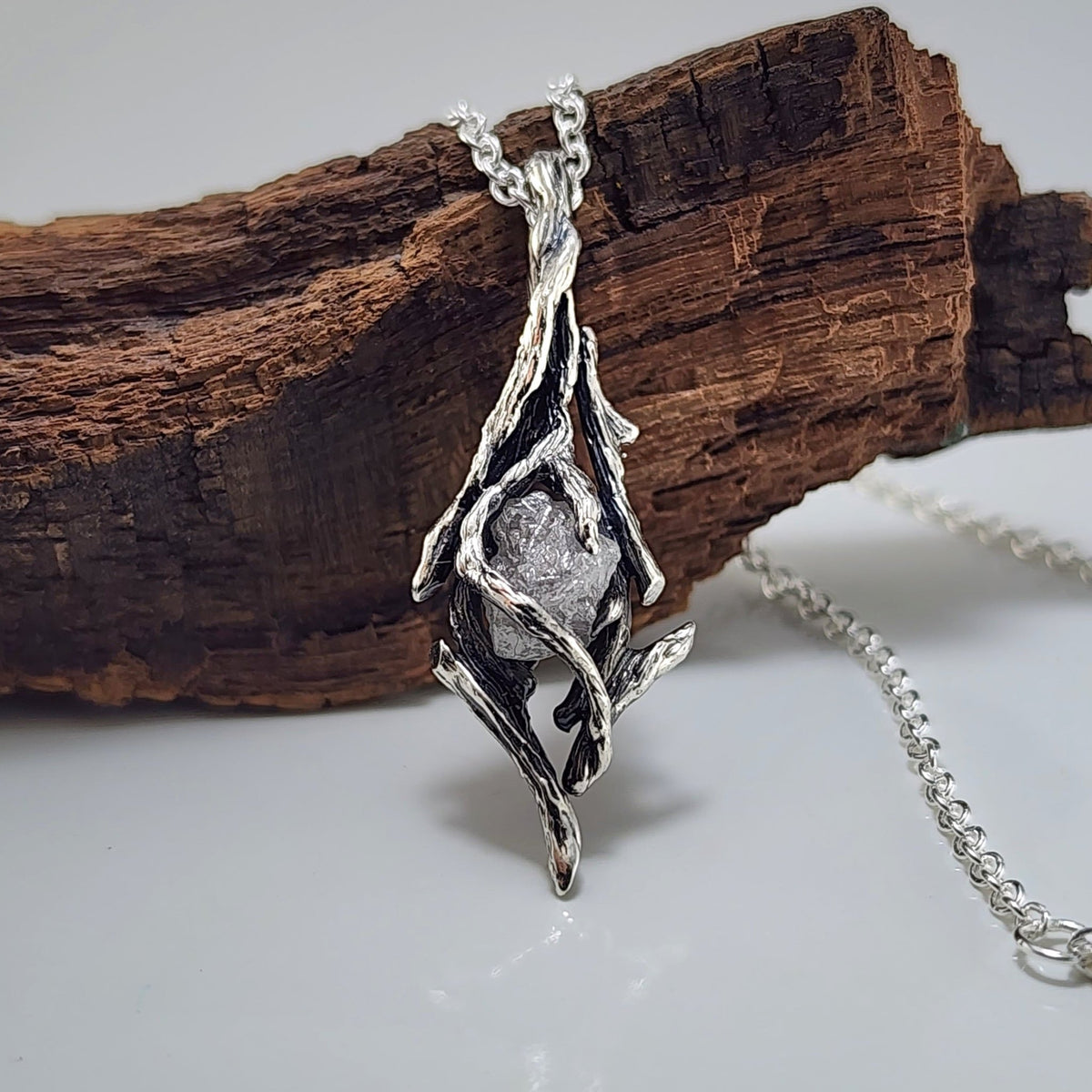 Raw Rough Diamond Hand - sculpted Pendant in Sterling Silver - DV Jewelry Designs