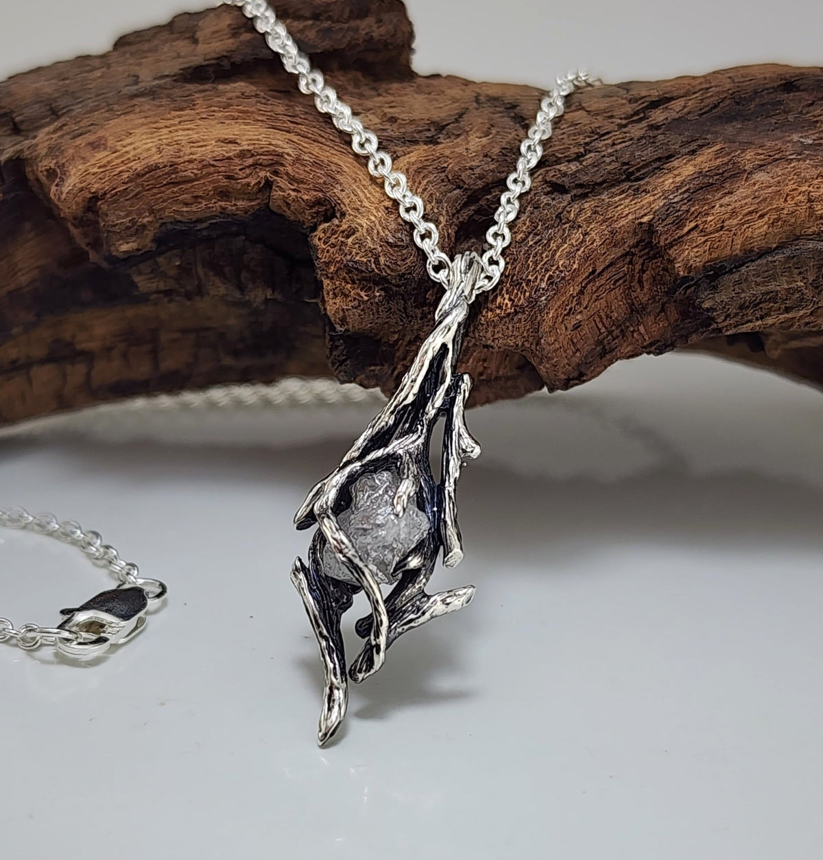 Raw Rough Diamond Hand - sculpted Pendant in Sterling Silver - DV Jewelry Designs