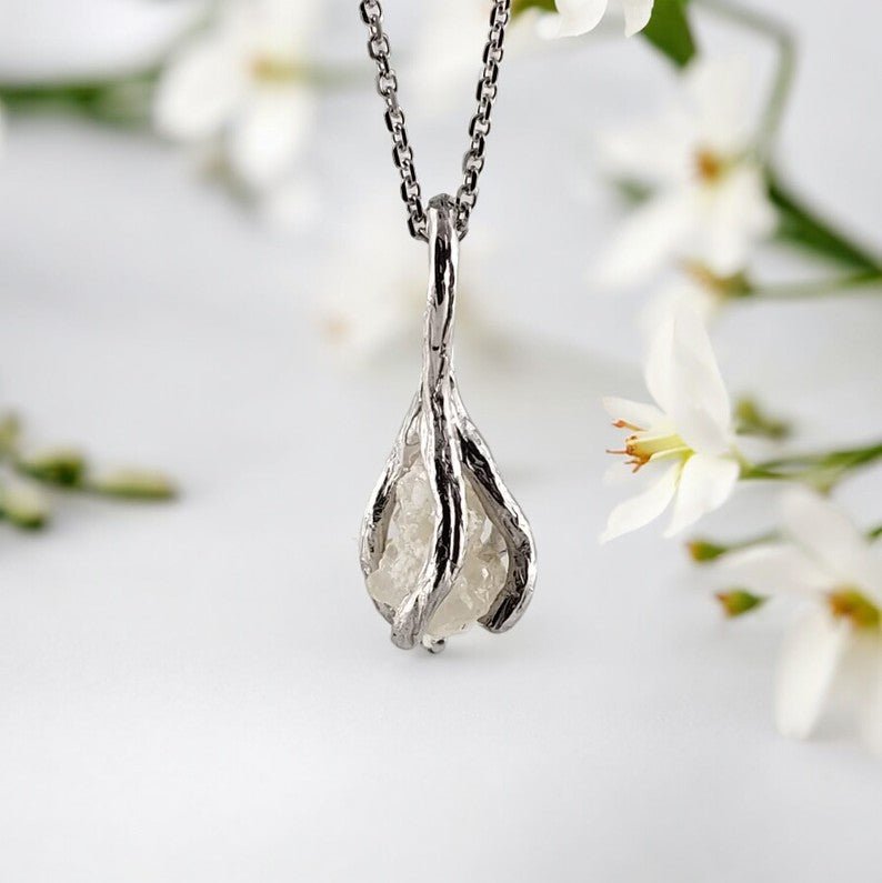 Solid Gold Twig Pendant with Rough Uncut Diamond - DV Jewelry Designs