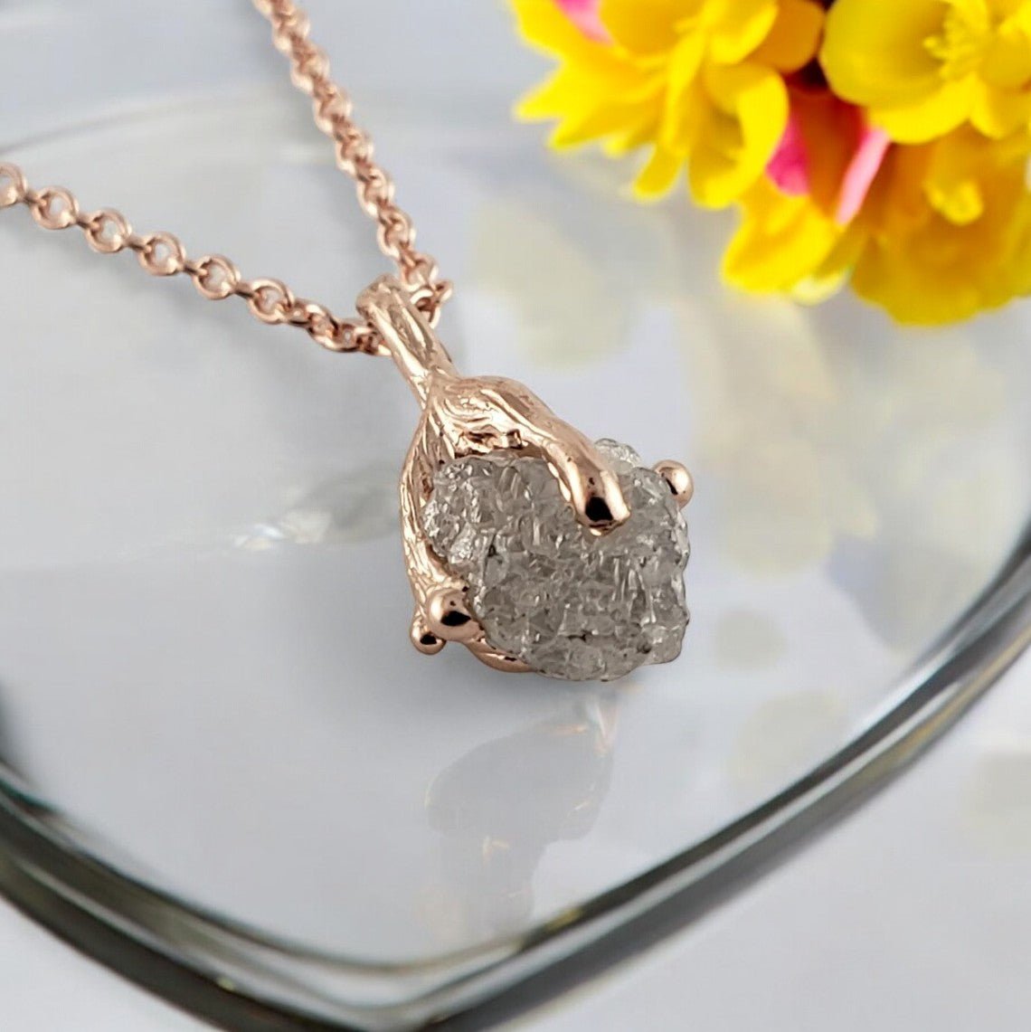 Solid Gold Twig Pendant with Rough Uncut Diamond - DV Jewelry Designs