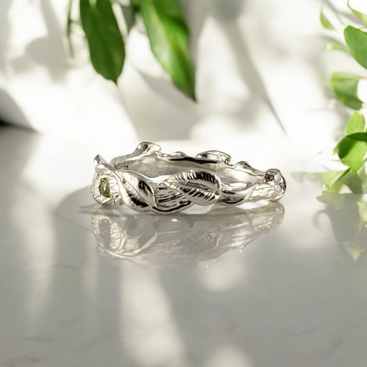 The Maddox Ring - Peridot Gemstone Leaf and Vine Ring - DV Jewelry Designs