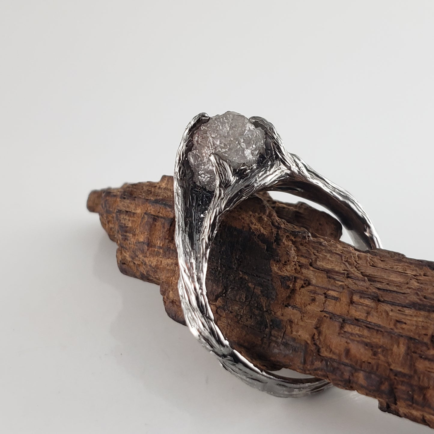 Raw Diamond Twig Engagement Ring - Handcrafted White Gold Antiqued Rustic - DV Jewelry Designs #