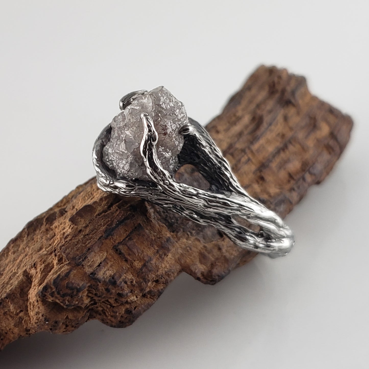 Raw Diamond Twig Engagement Ring - Handcrafted White Gold Antiqued Rustic - DV Jewelry Designs #
