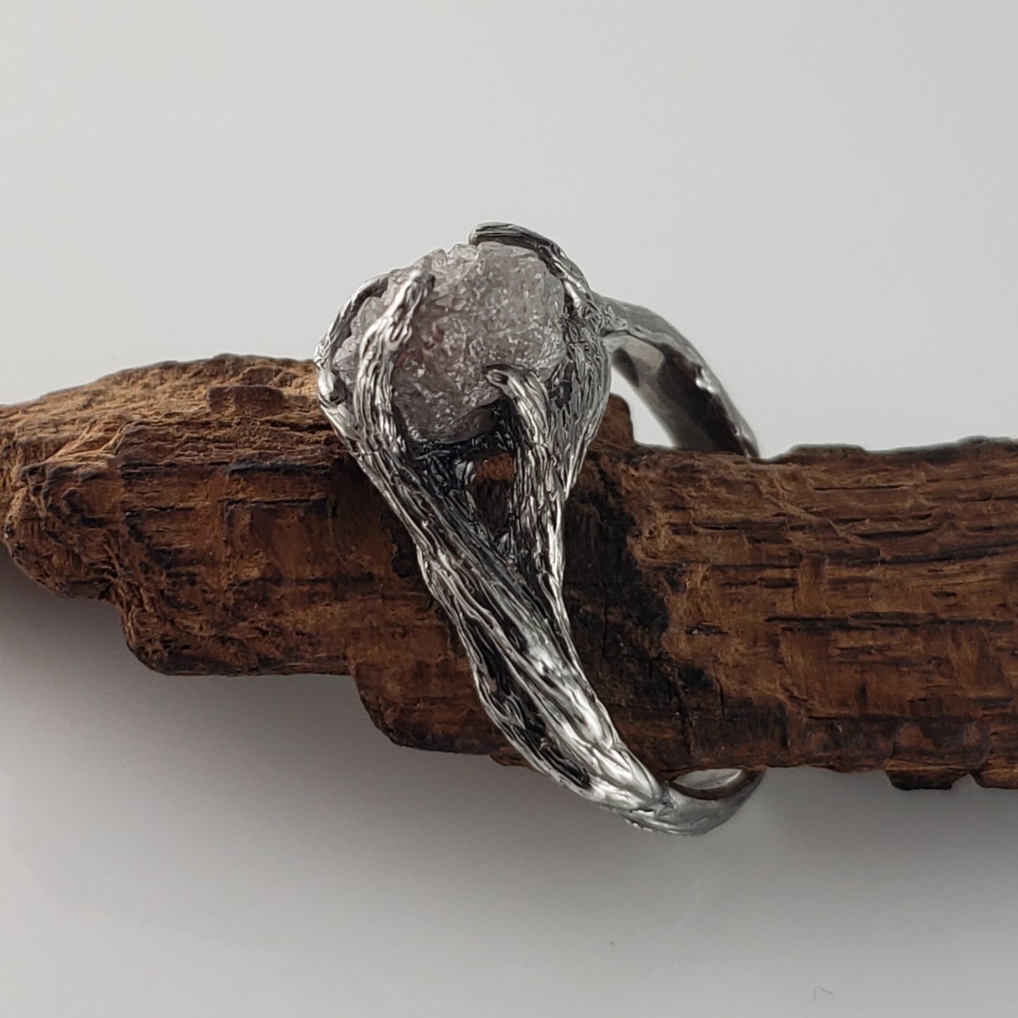 Raw Diamond Twig Engagement Ring - Handcrafted White Gold Antiqued Rustic - DV Jewelry Designs #