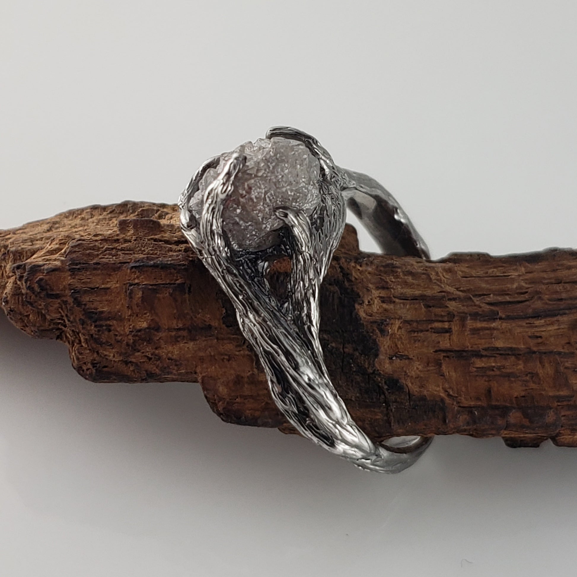 Raw Diamond Twig Engagement Ring - Handcrafted White Gold Antiqued Rustic - DV Jewelry Designs #