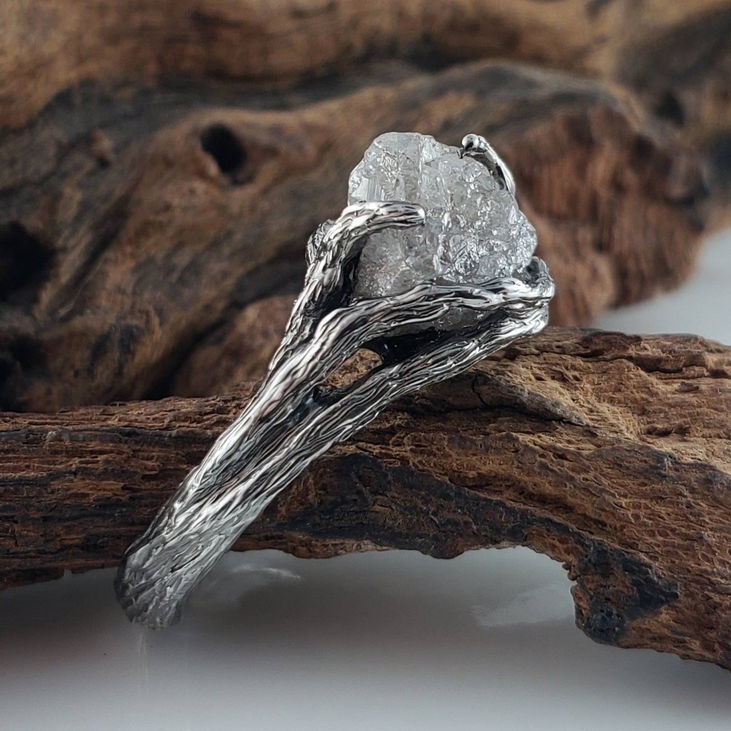 Raw Diamond Twig Engagement Ring - Handcrafted White Gold Antiqued Rustic - DV Jewelry Designs #