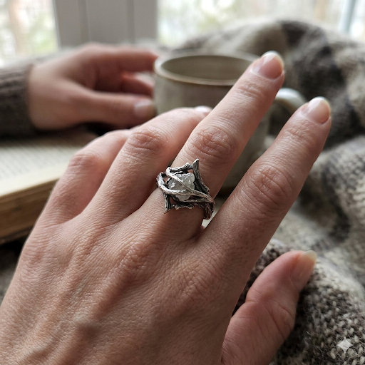 Rough Diamond Twig Ring - One-of-a-Kind Hand-Sculpted Branch Weave Style - DV Jewelry Designs #