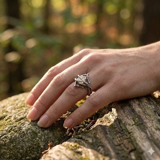 Rough Diamond Twig Ring - One-of-a-Kind Hand-Sculpted Branch Weave Style - DV Jewelry Designs #