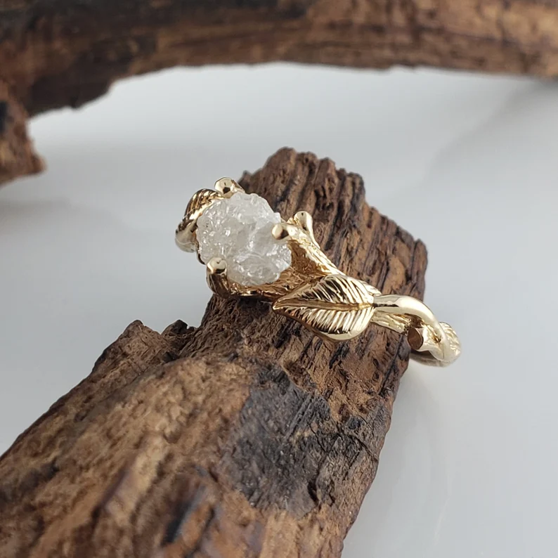 Rough Diamond Solitaire Ring with Leaf and Twig Design - DV Jewelry Designs #