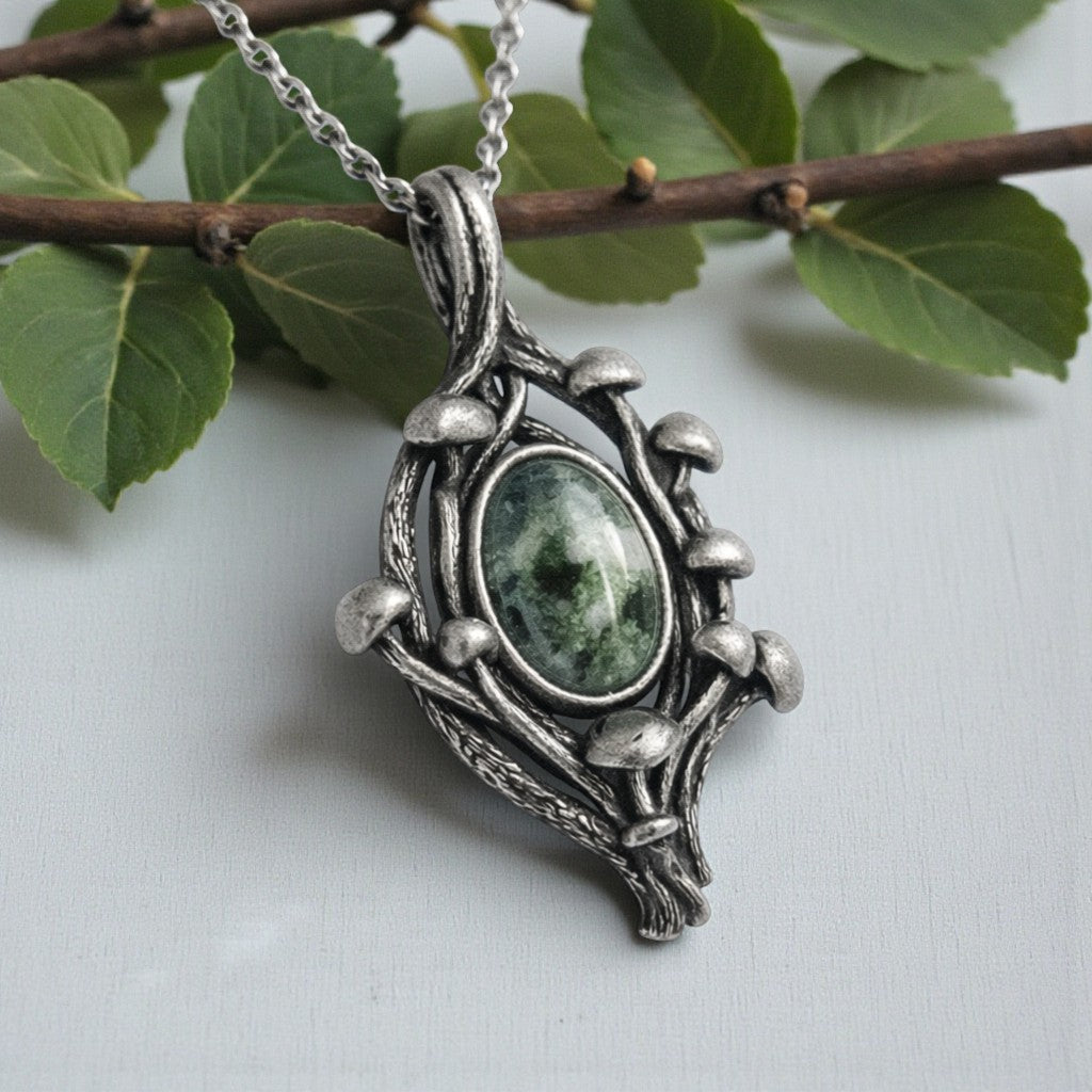 Moss Agate Mushroom Branch Style Sterling Silver Pendant - DV Jewelry Designs #