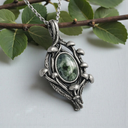 Moss Agate Mushroom Branch Style Sterling Silver Pendant - DV Jewelry Designs #