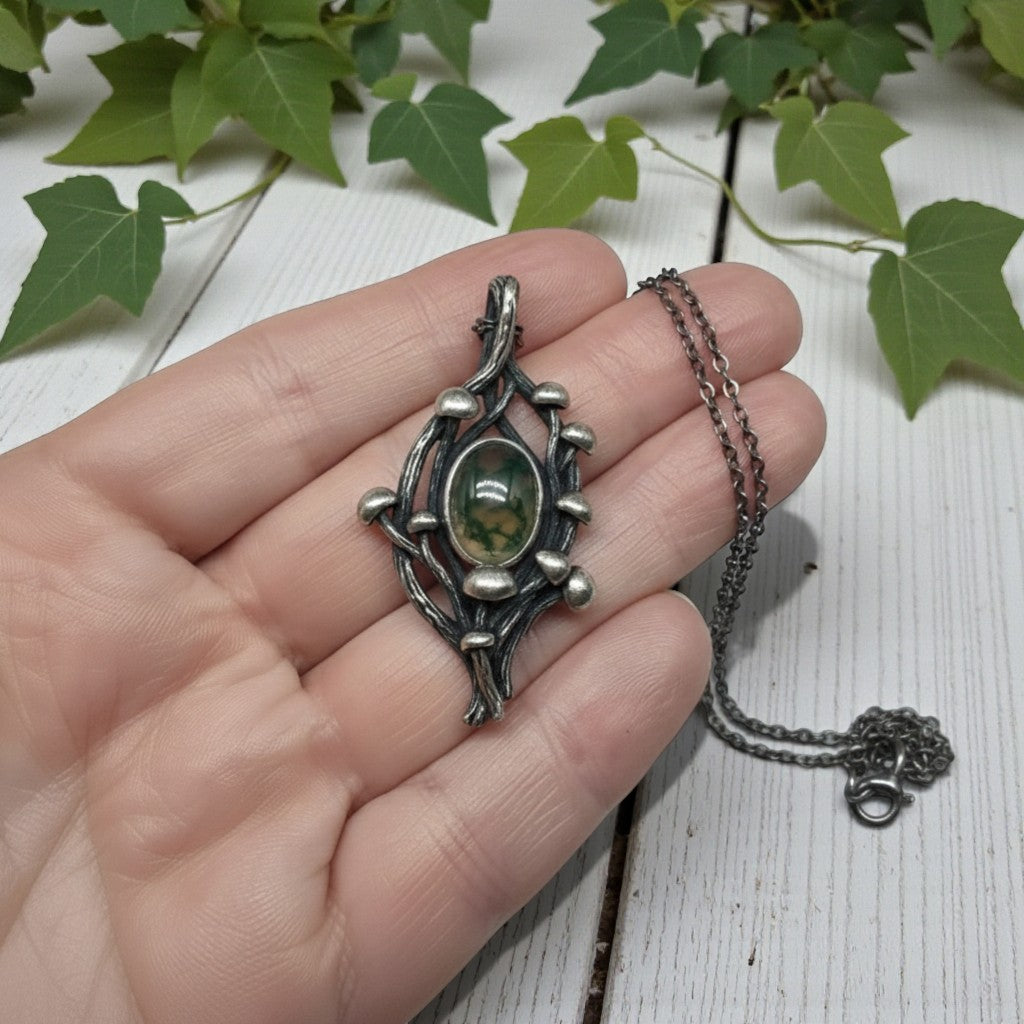 Moss Agate Mushroom Branch Style Sterling Silver Pendant - DV Jewelry Designs #