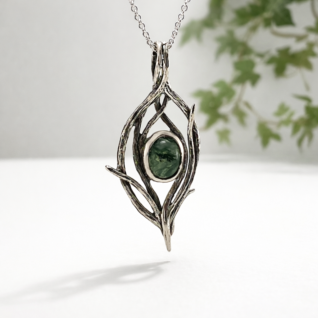 Handmade Moss Agate Pendant in Sterling Silver – Riverbend Design - DV Jewelry Designs #