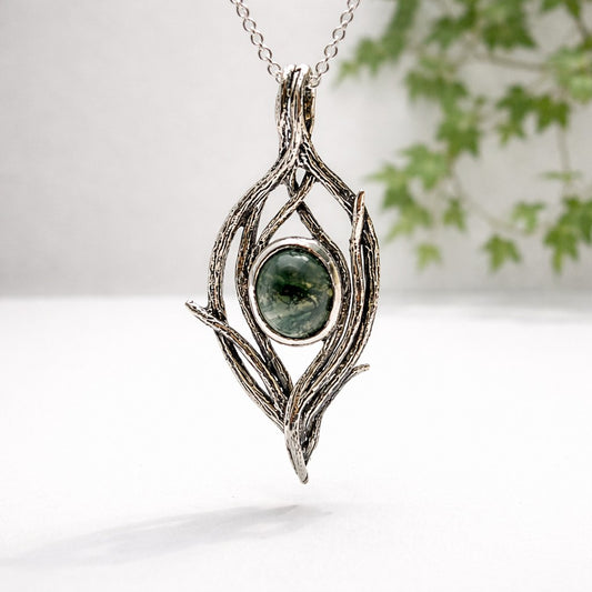 handmade moss agate silver pendant necklace
