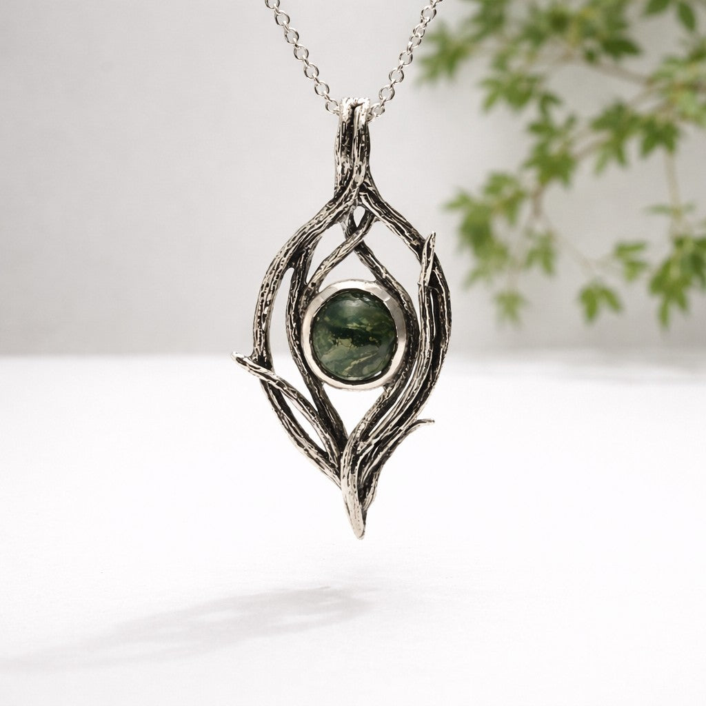 Handmade Moss Agate Pendant in Sterling Silver – Riverbend Design - DV Jewelry Designs #