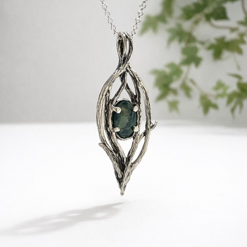 Handmade Moss Agate Pendant in Sterling Silver – Riverbend Design - DV Jewelry Designs #