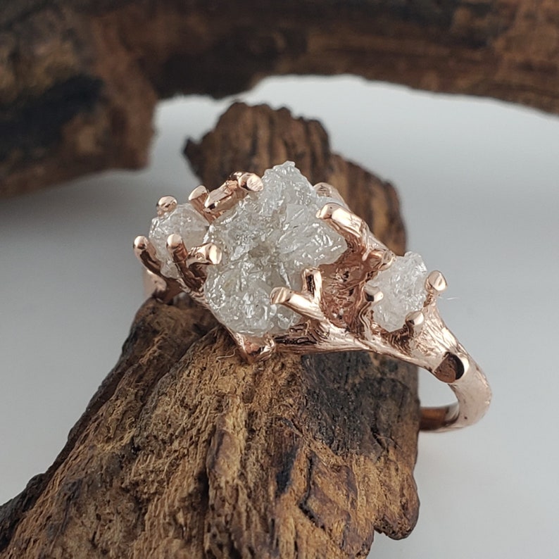 Raw Diamond Twig Engagement Ring - Handcrafted Solid Gold Nature-Inspired - DV Jewelry Designs #