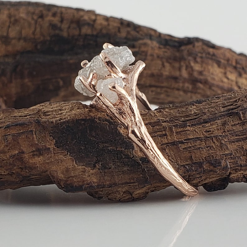 Raw Diamond Twig Engagement Ring - Handcrafted Solid Gold Nature-Inspired - DV Jewelry Designs #