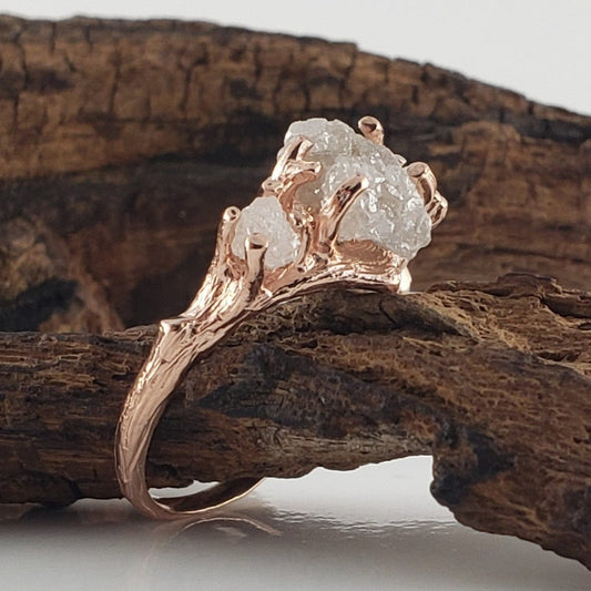 Raw Diamond Twig Engagement Ring - Handcrafted Solid Gold Nature-Inspired - DV Jewelry Designs #