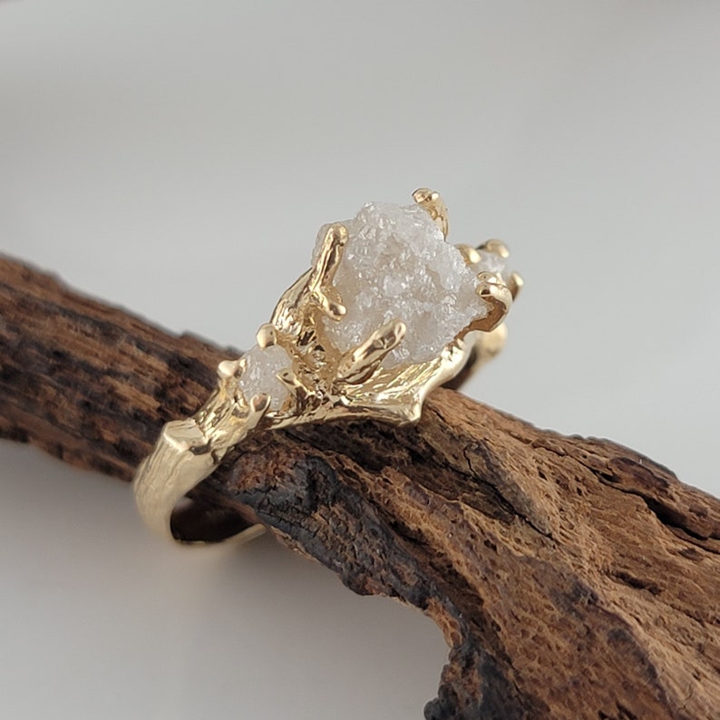 Raw Diamond Twig Engagement Ring - Handcrafted Solid Gold Nature-Inspired - DV Jewelry Designs #