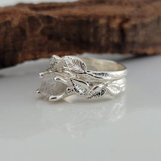 Sterling Silver Leaf and Twig Raw Diamond Ring - DV Jewelry Designs #