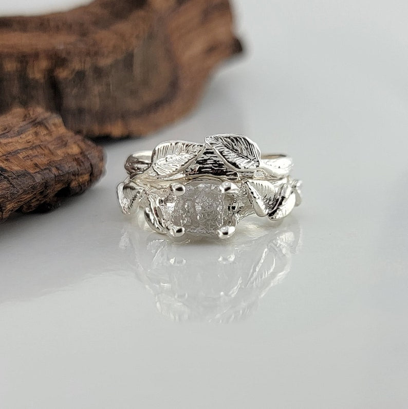 Sterling Silver Leaf and Twig Raw Diamond Ring - DV Jewelry Designs #