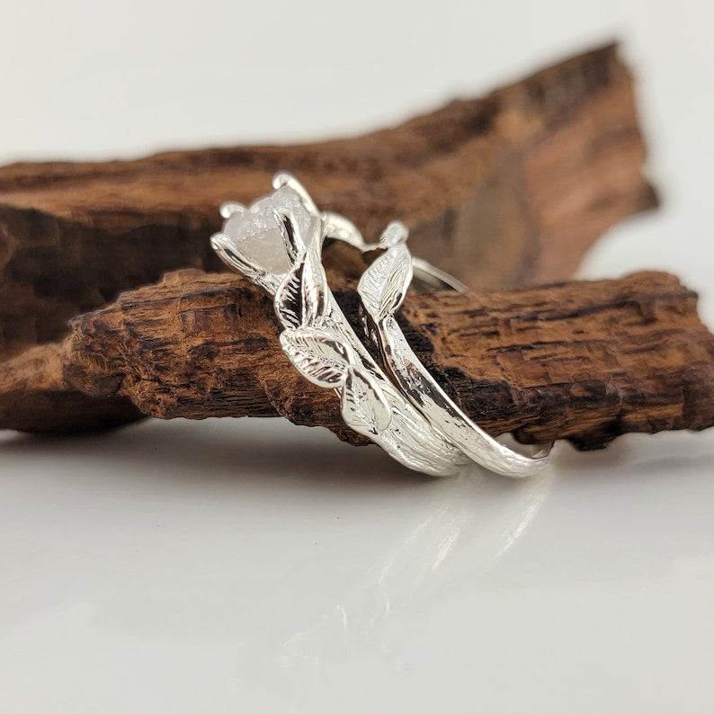 Sterling Silver Leaf and Twig Raw Diamond Ring - DV Jewelry Designs #