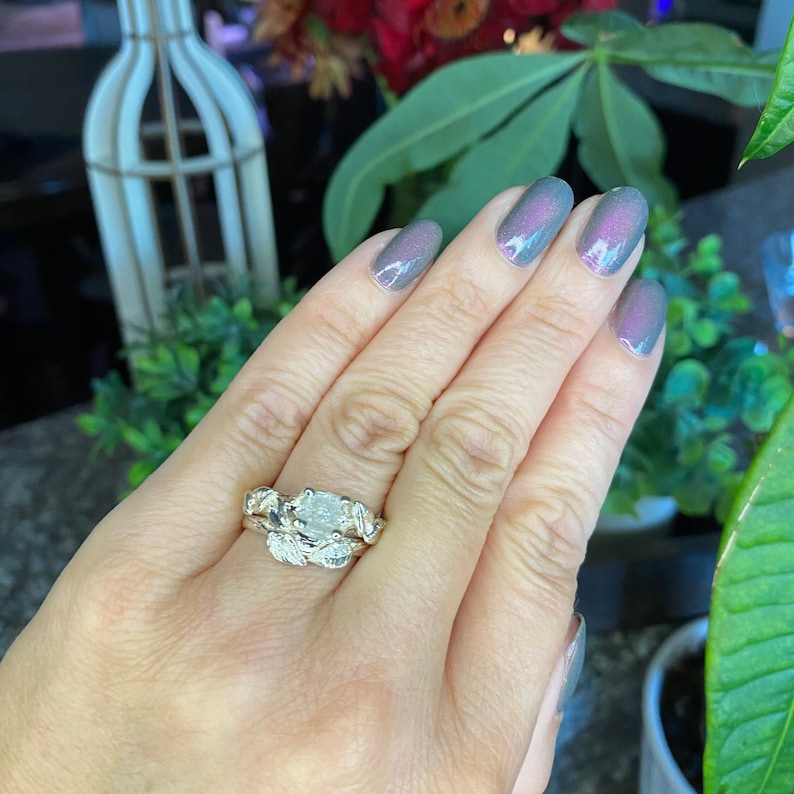 Sterling Silver Leaf and Twig Raw Diamond Ring - DV Jewelry Designs #