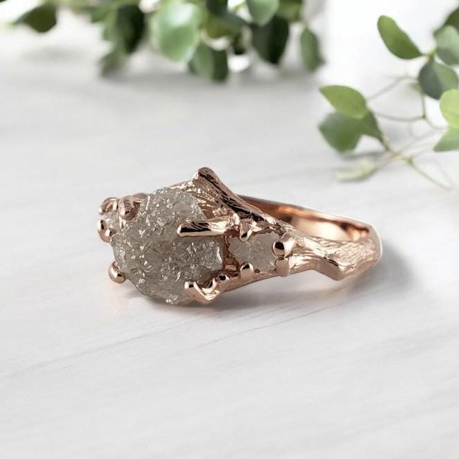 Raw diamond twig engagement ring in 14k solid gold, handcrafted nature-inspired setting