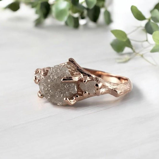 Raw diamond twig engagement ring in 14k solid gold, handcrafted nature-inspired setting