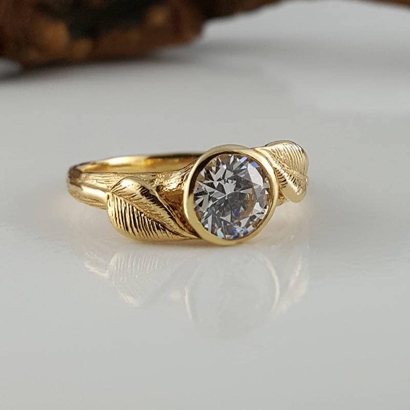 Round 1ct Moissanite Engagement Ring: Hand-sculpted Leaf Setting in Solid Gold - DV Jewelry Designs #