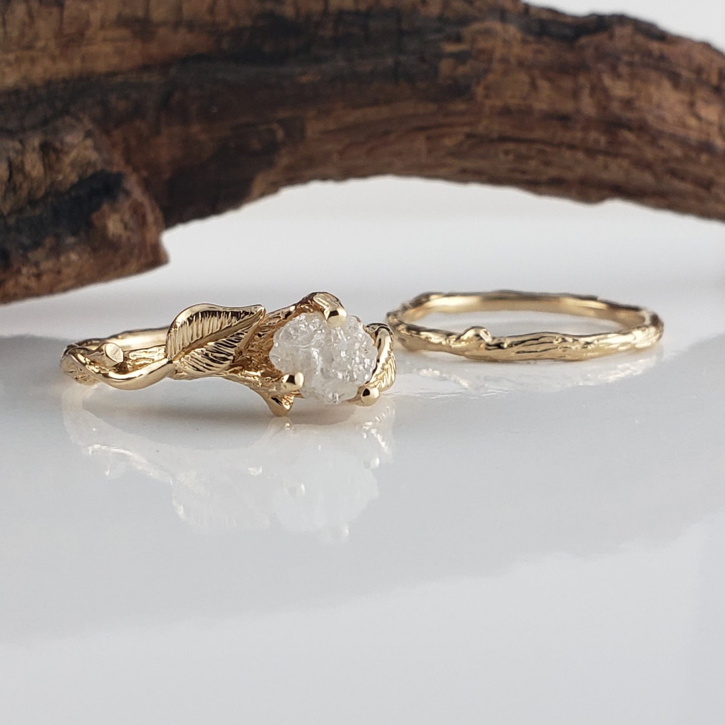 Rough Diamond Bridal Set with Leaf and Twig Design - DV Jewelry Designs #