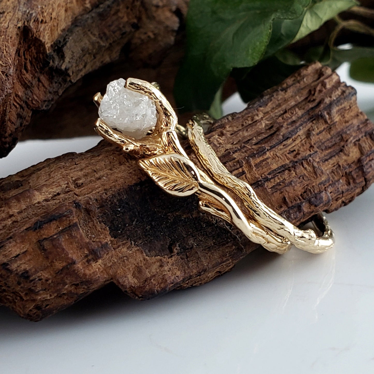 Rough Diamond Bridal Set with Leaf and Twig Design - DV Jewelry Designs #