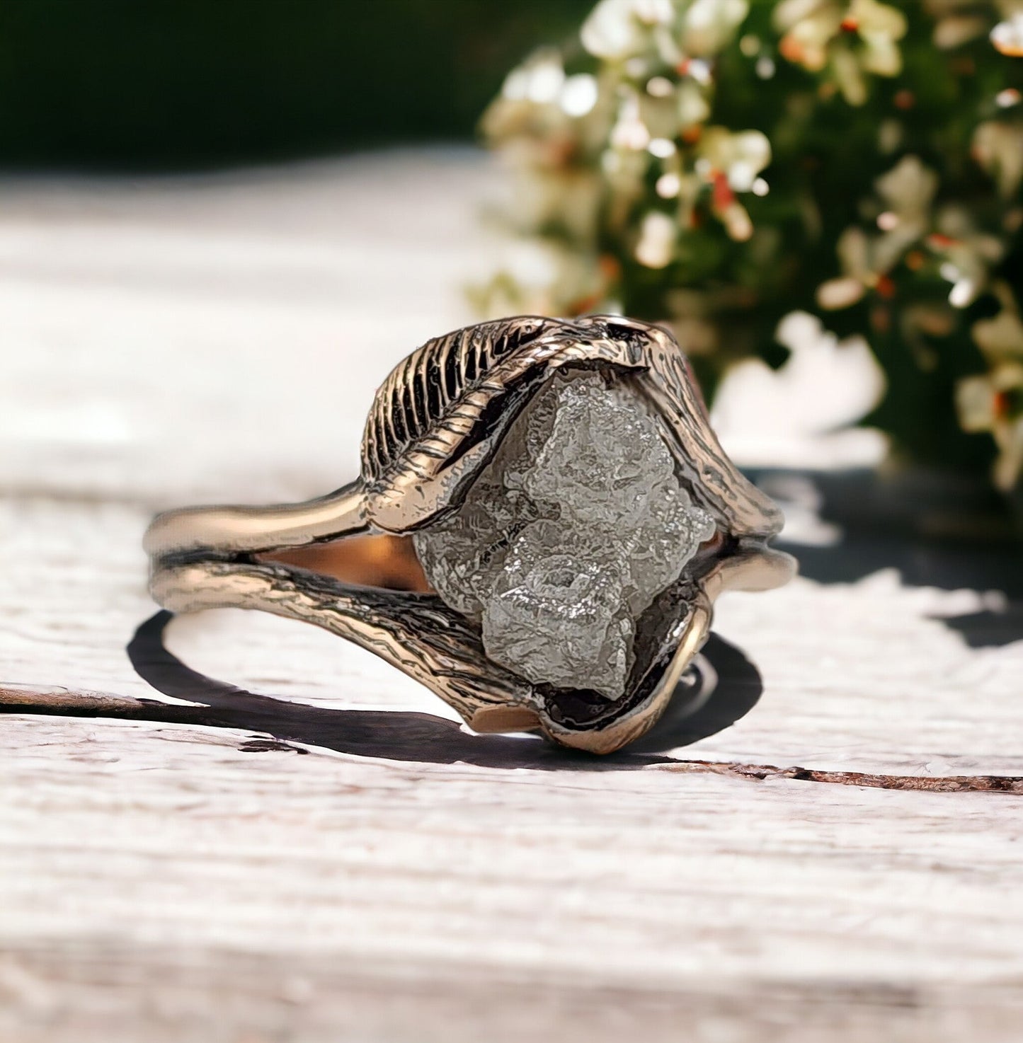 Large Floating Raw Rough Diamond Engagement Ring in 14k Rose Gold, Antiqued Finish - DV Jewelry Designs
