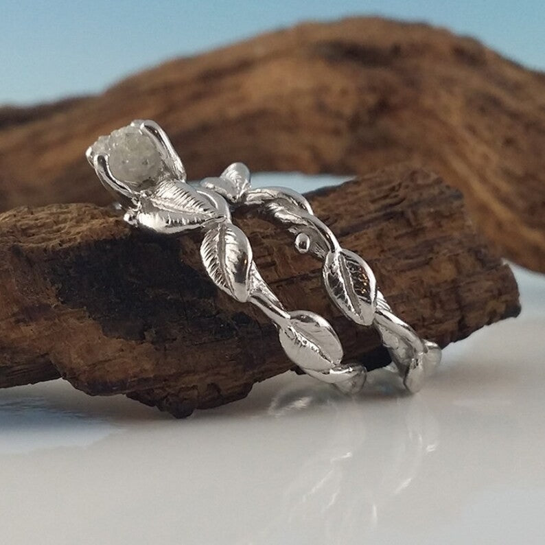 Raw Rough Diamond Leaf Bridal Set in Solid Gold - DV Jewelry Designs #
