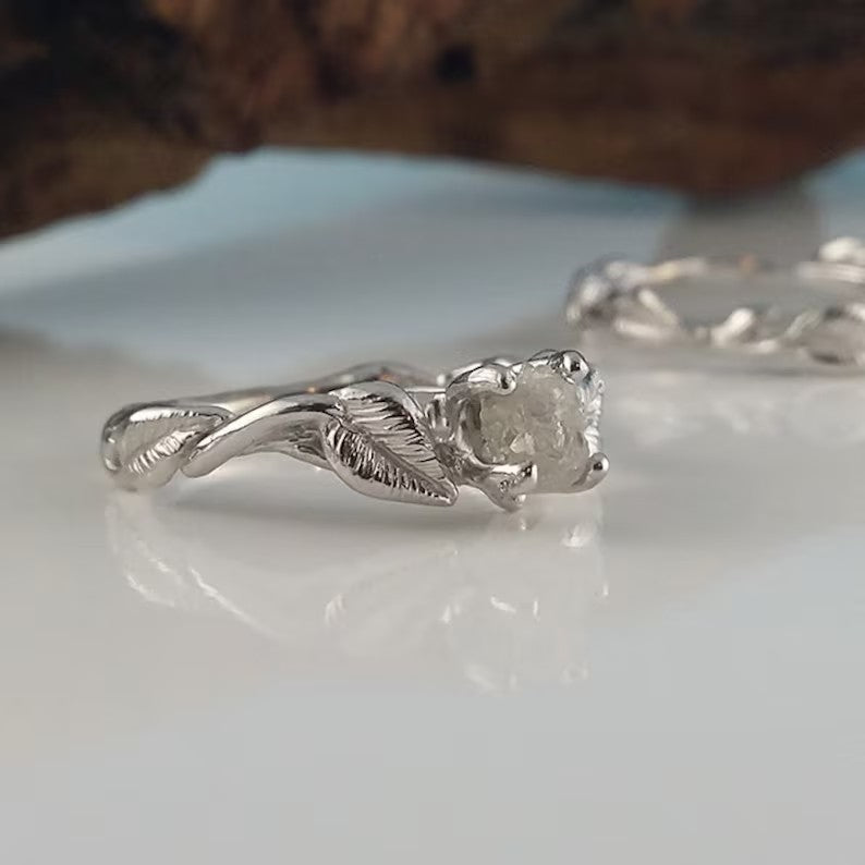 Raw Rough Diamond Leaf Bridal Set in Solid Gold - DV Jewelry Designs #